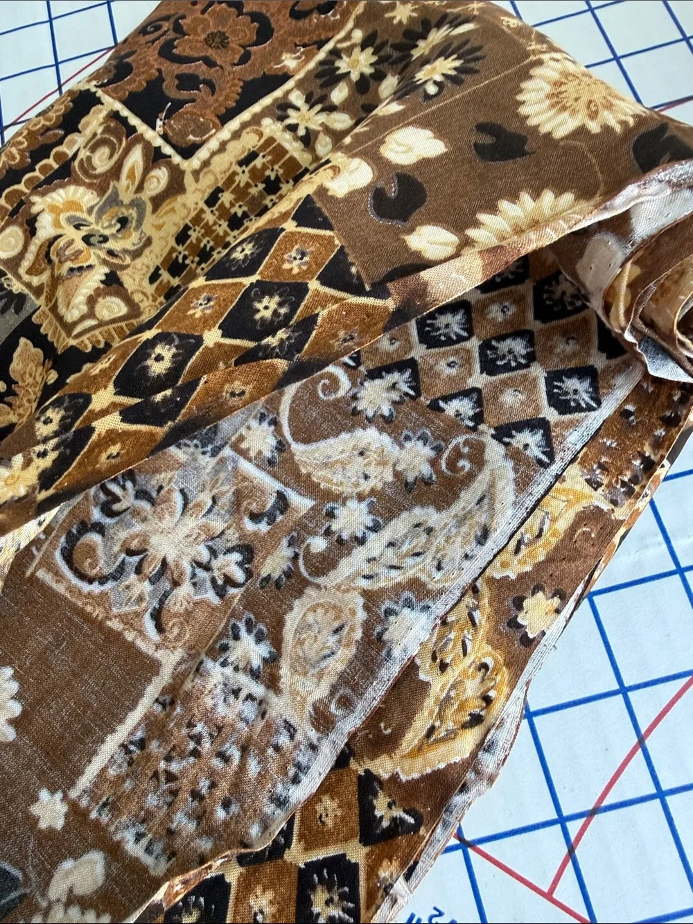 Vintage 1970s Patchwork Print Fabric Brown Floral Paisley 4+ Yards x 50